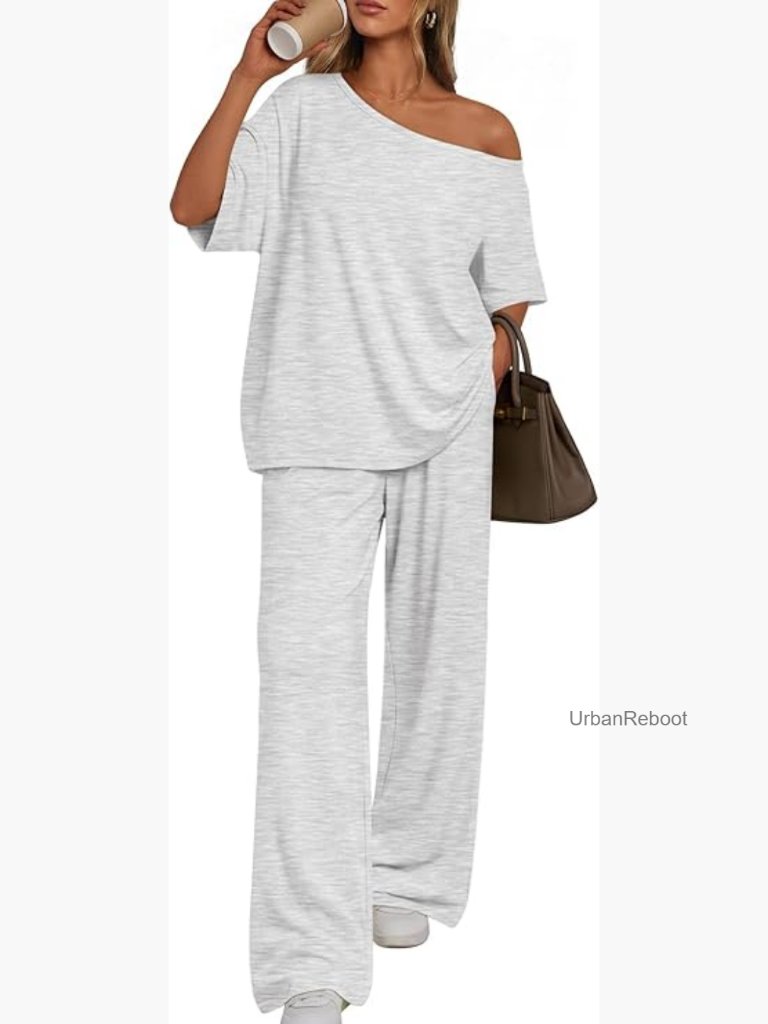 2 Piece Lounge Set Oversized Off Shoulder Top Wide Leg Pants